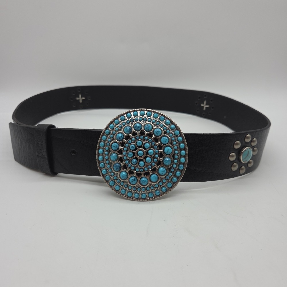 Vintage Boho Genuine Leather Belt Turquoise Stone Medallion Buckle Western LARGE